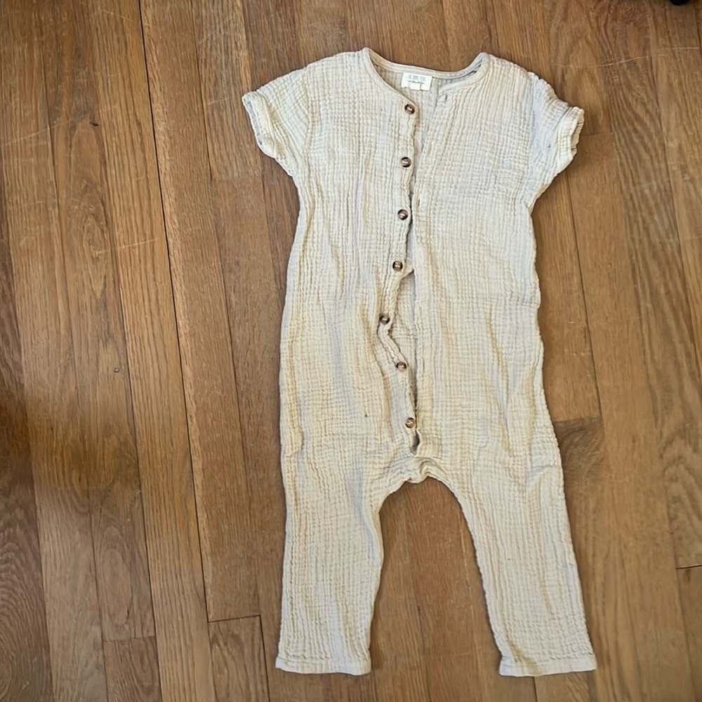 The Simple Folk Archer Playsuit in sand.  Size 2-3y. 100% organic cotton.
